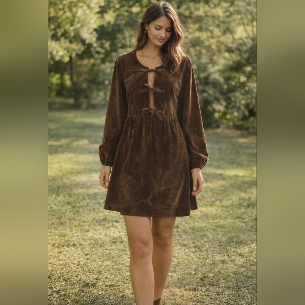 Aeron & Amber Brown Velvet Mini Dress Bow Tie Front Cottagecore Boho S